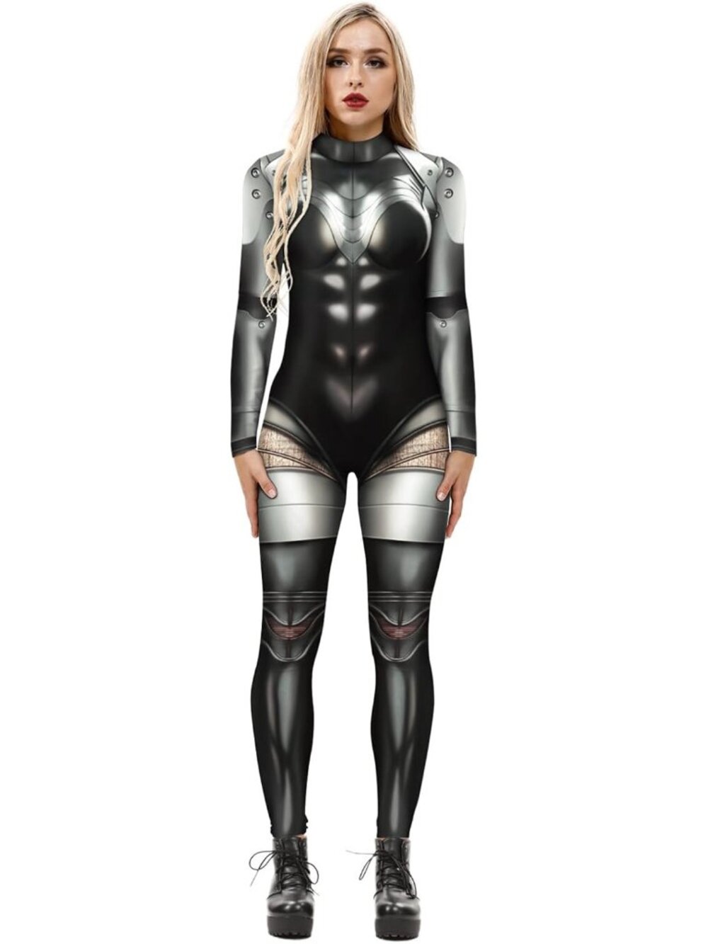 Women's Black Grey Sci Fi Skeleton Bodycon Jumpsuit Full Body Unitard Rave